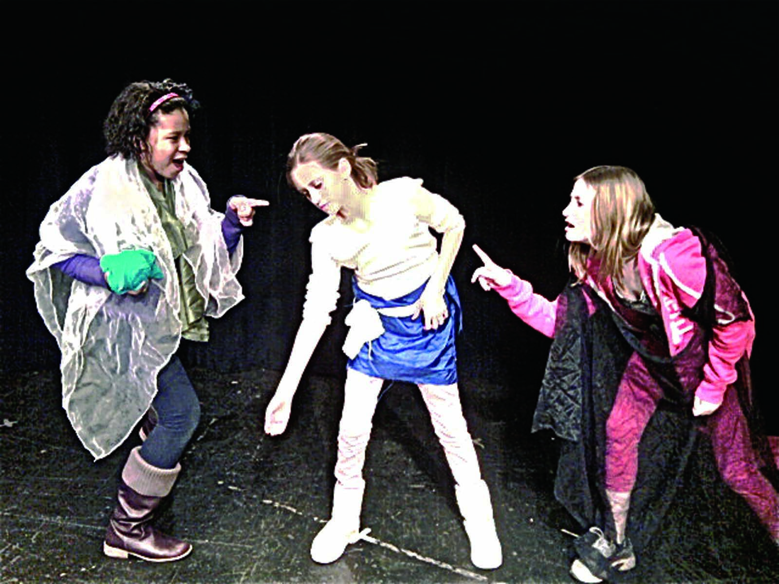 Middle school students Nia, 11, Sarah, 12, and Amalia, 12, perform on stage during a Rockland Youth Theatre class. Middle school students Nia, 11, Sarah, 12, and Amalia, 12, perform on stage during a Rockland Youth Theatre class.