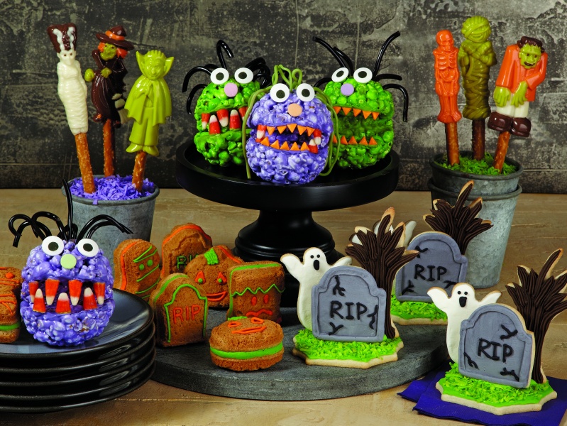 Popcorn Ball Monsters, Monsters on Parade Pretzels, Peanut Butter 3D Sandwich Cookies, and Ghostly Graveyard Cookies
