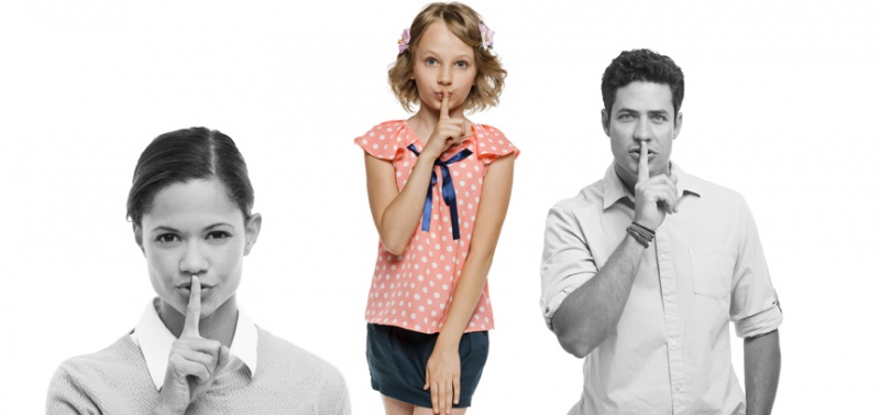 Teach your child there are no secrets in your family. three people shushing